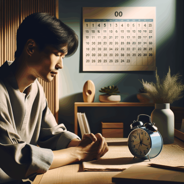Man at desk with alarm clock